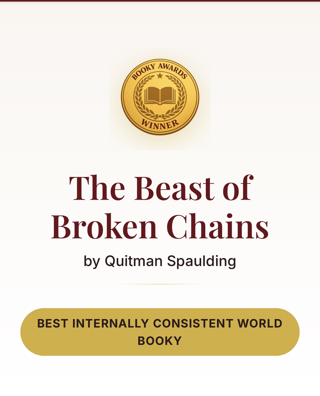 Booky Award recognition for The Beast of Broken Chains